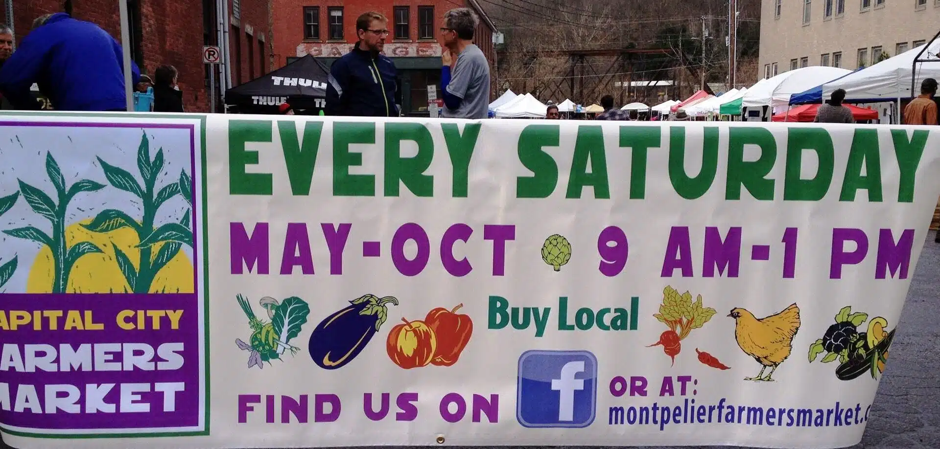 large banner sign at Farmers markets in Northern Vermont