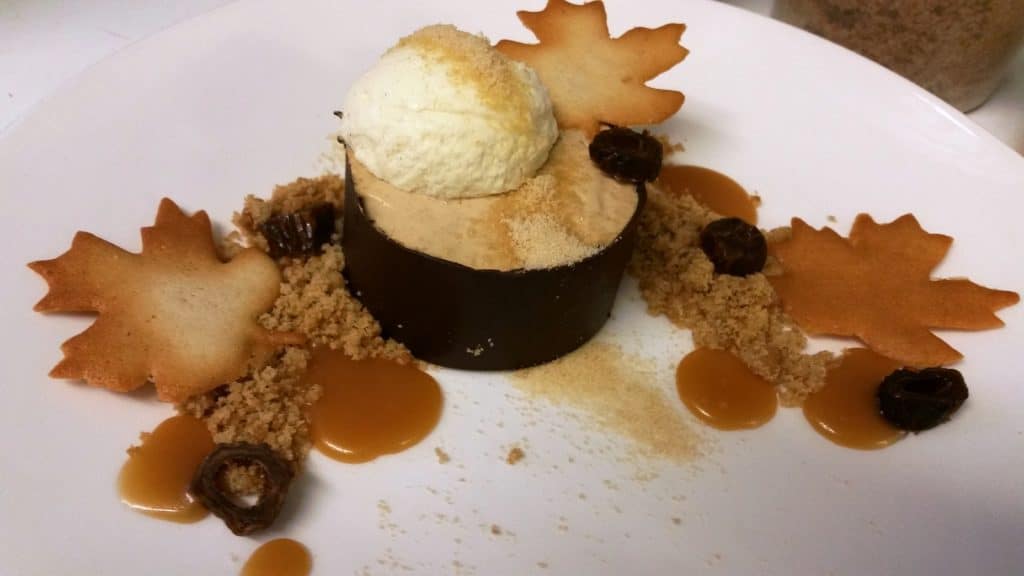 dessert of Coffee and Maple ricotta coffee mouse / vanilla panna cotta / salted maple caramel / maple sugar crumble and dates 