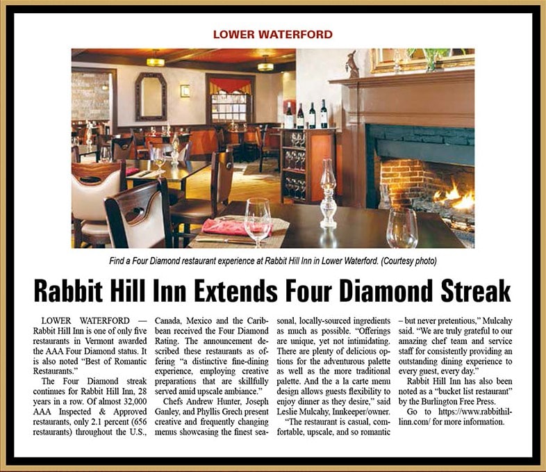 framed copy of an article about Rabbit Hill Inn restaurant 