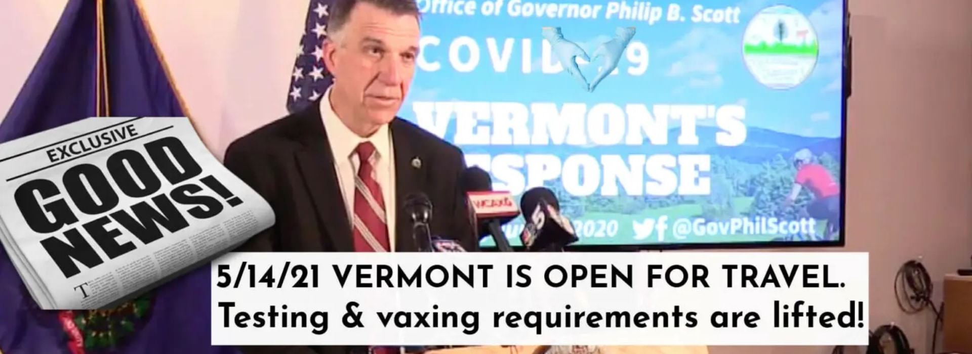 Gov Scott speaking about Covid requirements|Rabbit Hill Inn at dusk with purple sky above|check availability button|Vermont Governor Phil Scott standing at a podium during press conference|Governor Phil Scott talking about lifting restrictions
