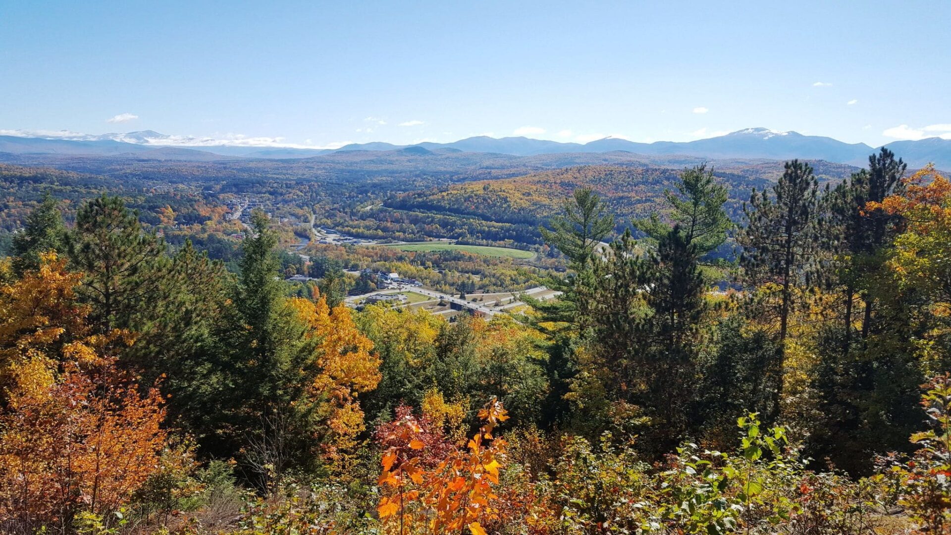 Mountain view and wooded terrain at the Kilburn Crags hiking Trails in Littleton New Hampshire