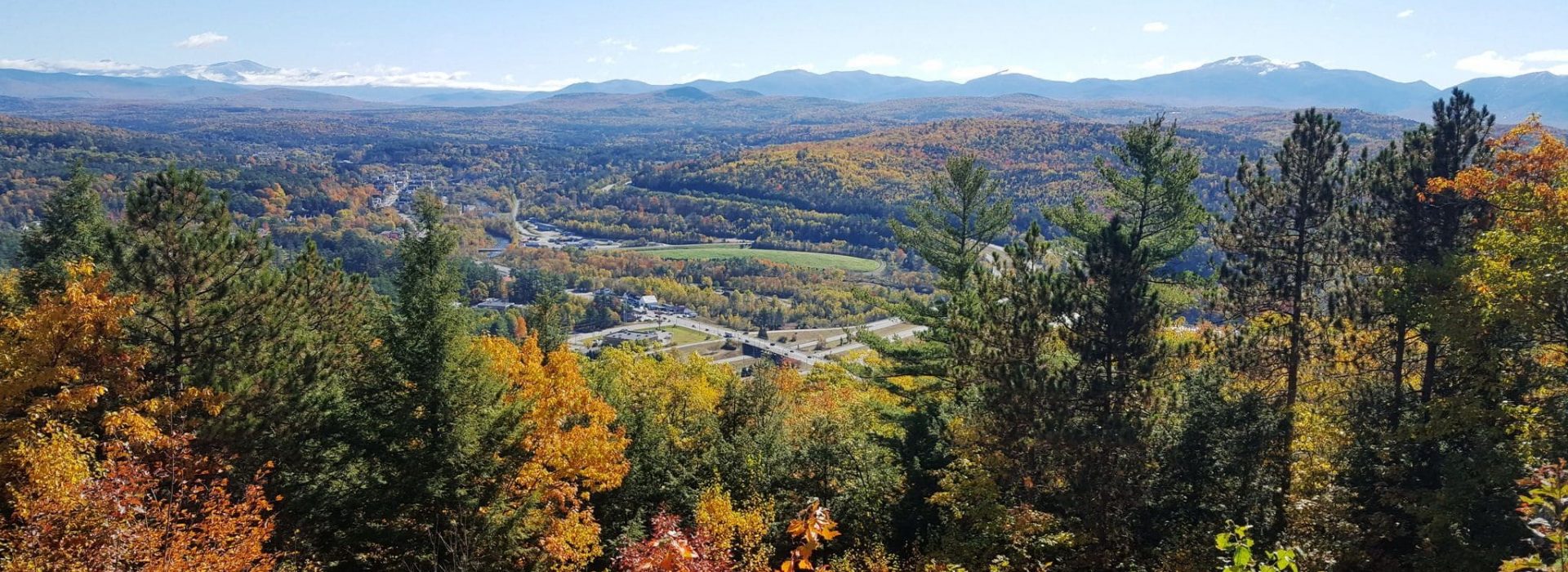 Mountain view and wooded terrain at the Kilburn Crags hiking Trails in Littleton New Hampshire