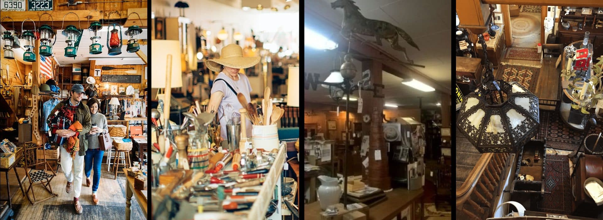 four images of people shopping in antique stores|A sign that reads But wait there's more|bright blue glassware on a table at an antique store|Old wooden shovel on display at an antique store