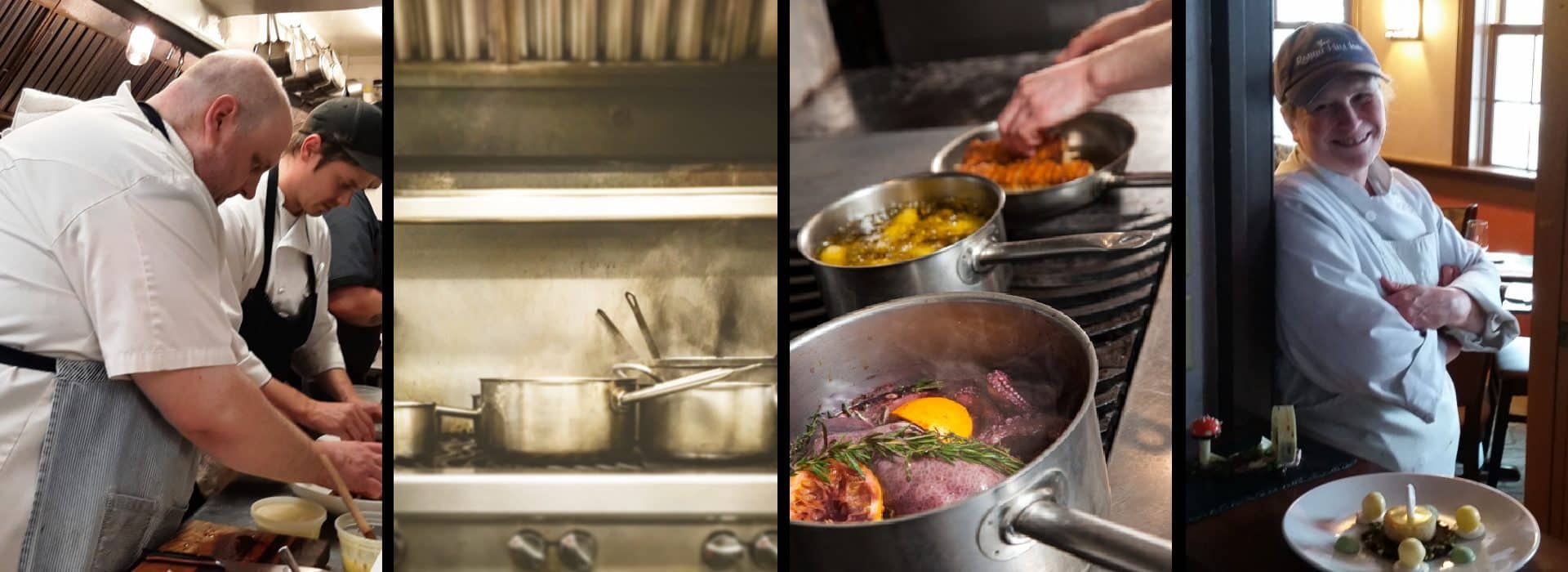 Rabbit Hill Inn kitchen staff and pots on stove