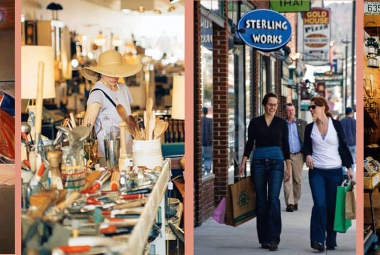 On the left side, lady with large straw hat shopping for kitchen utensils, and on the right side, people walking on the sidewalk holding shopping bags