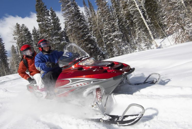 People riding a red snowmobile in the snow with evergreen trees in the background