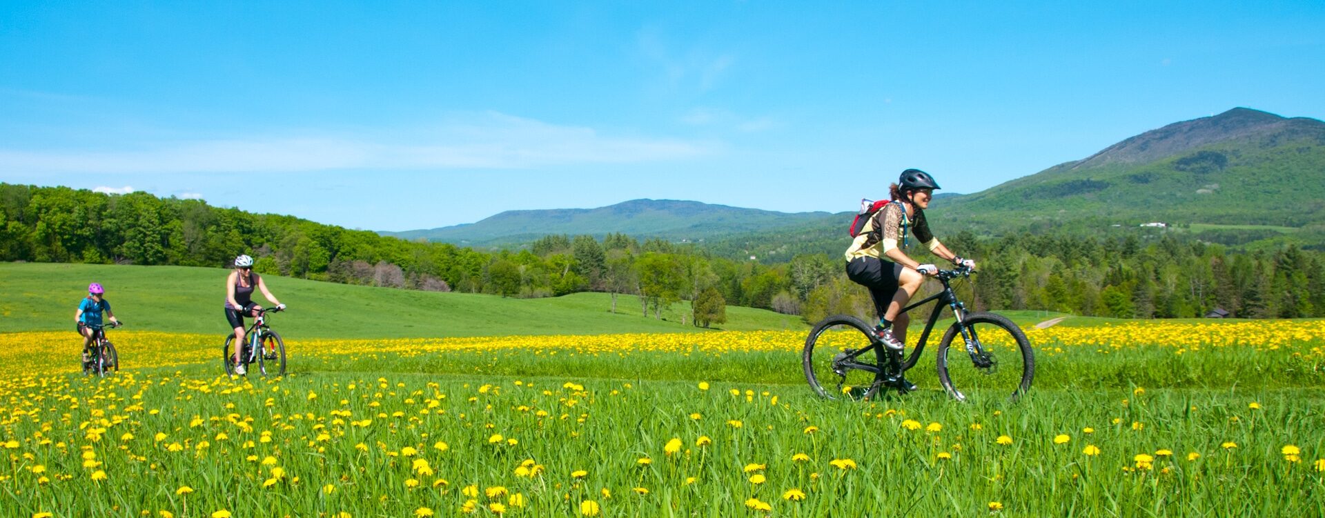 3 bike riders on Kingdom trails grass covered fields