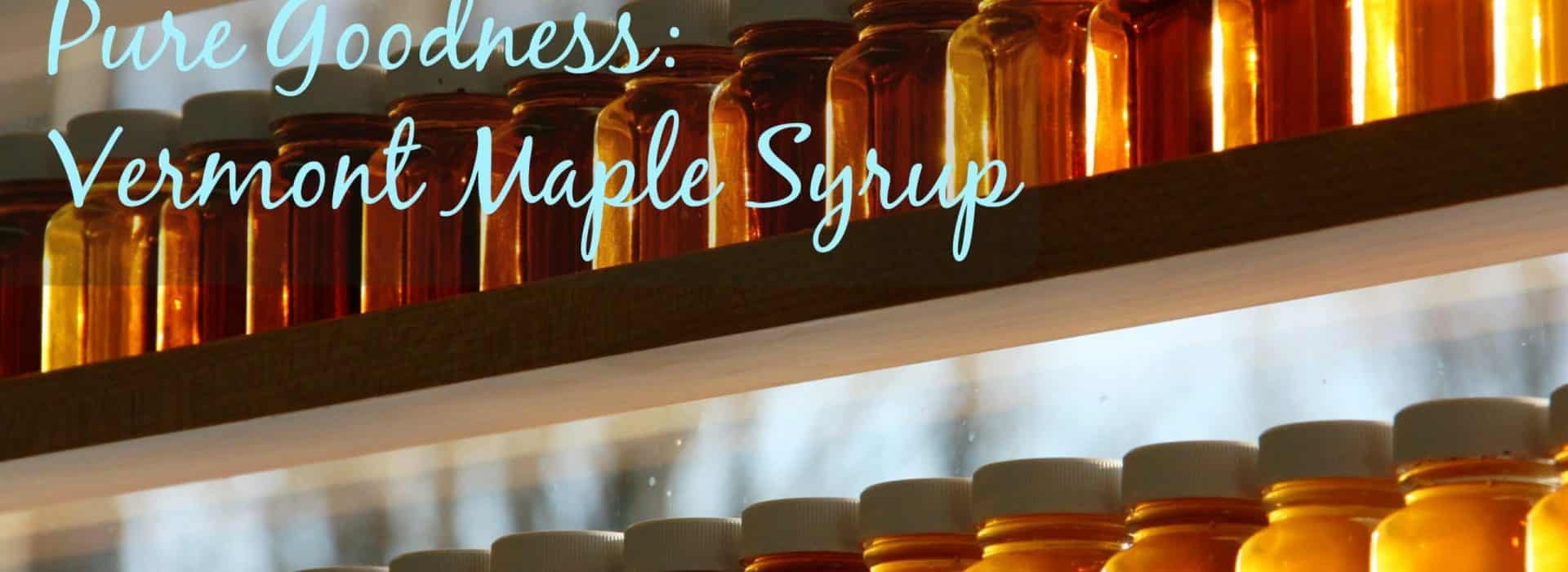 two shelves filled with small bottles of varied grades and colors of Vermont maple syrup