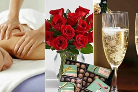 Woman receiving a massage, glass vase with red roses, boxes of chocolates, champagne being poured into a glass